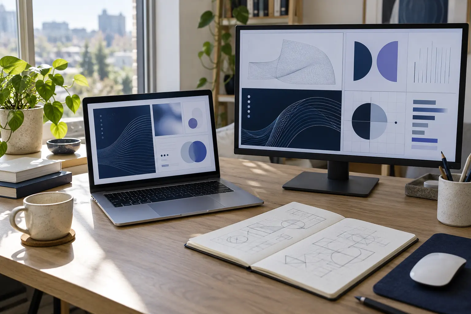 AI-generated editorial photograph of a laptop and monitor displaying fictional AI comparison panels beside a diagram notebook.