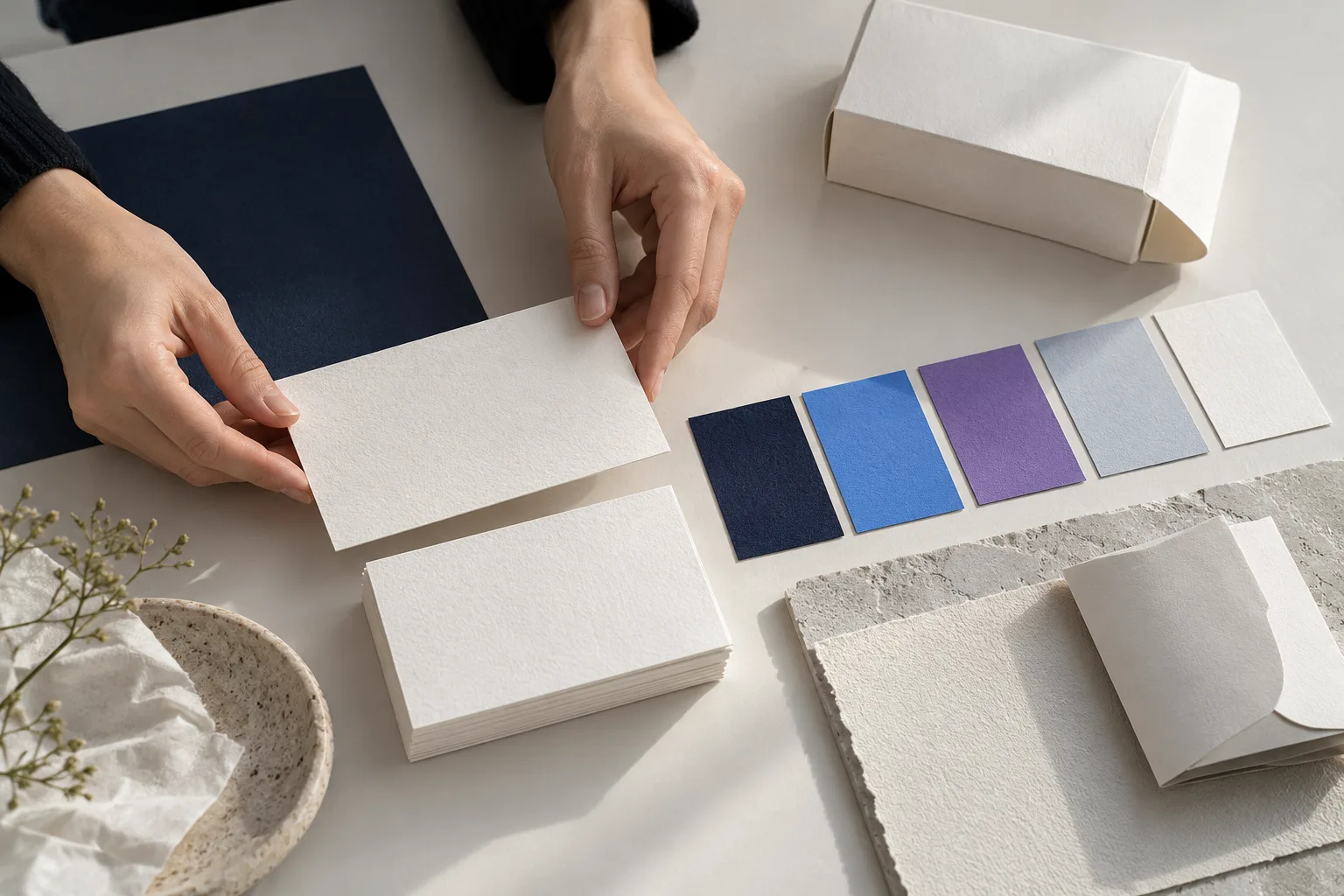 AI-generated editorial photograph of hands arranging blank brand stationery and colour swatches.