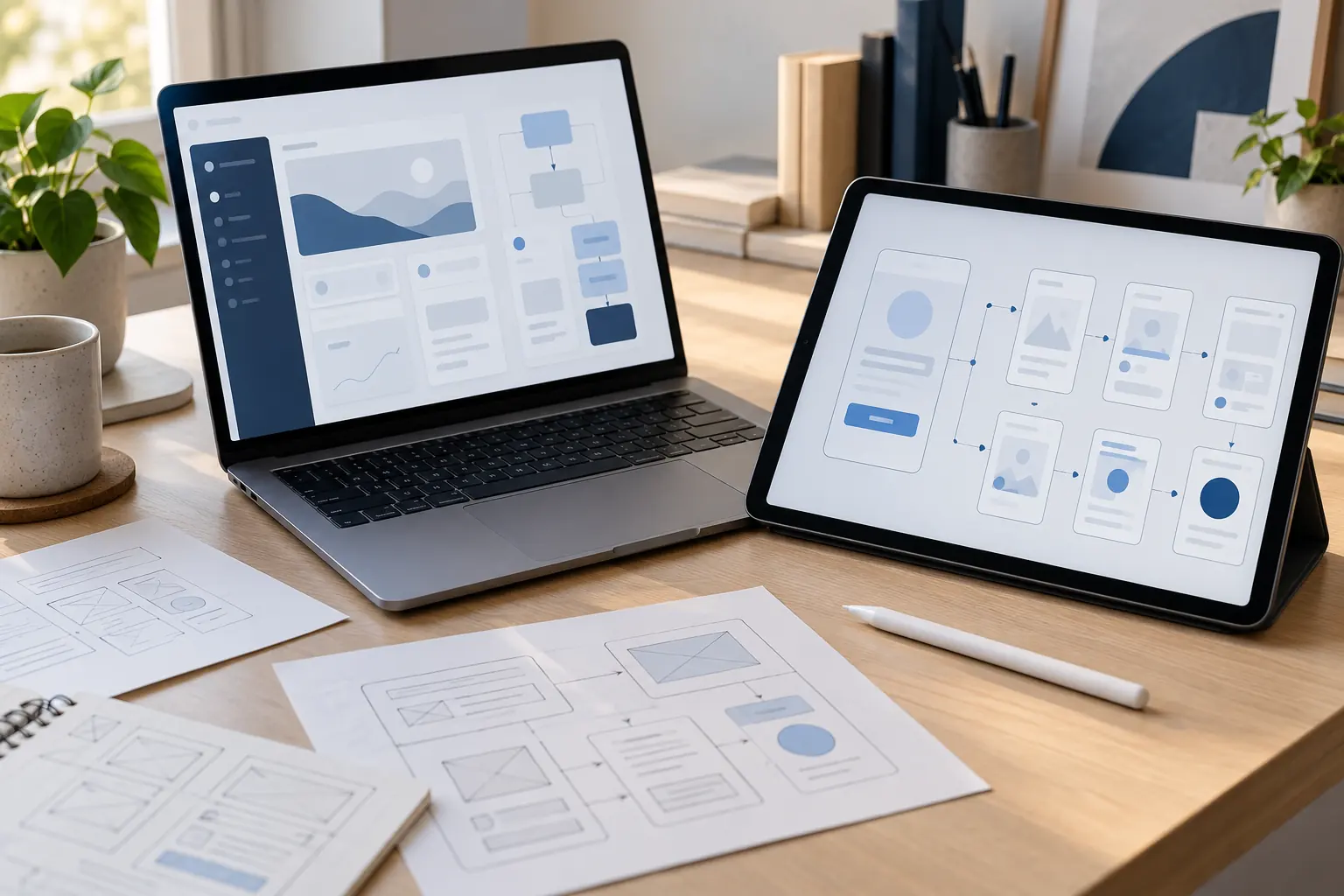 AI-generated editorial photograph of laptop and tablet interface prototypes beside paper sketches and a stylus.