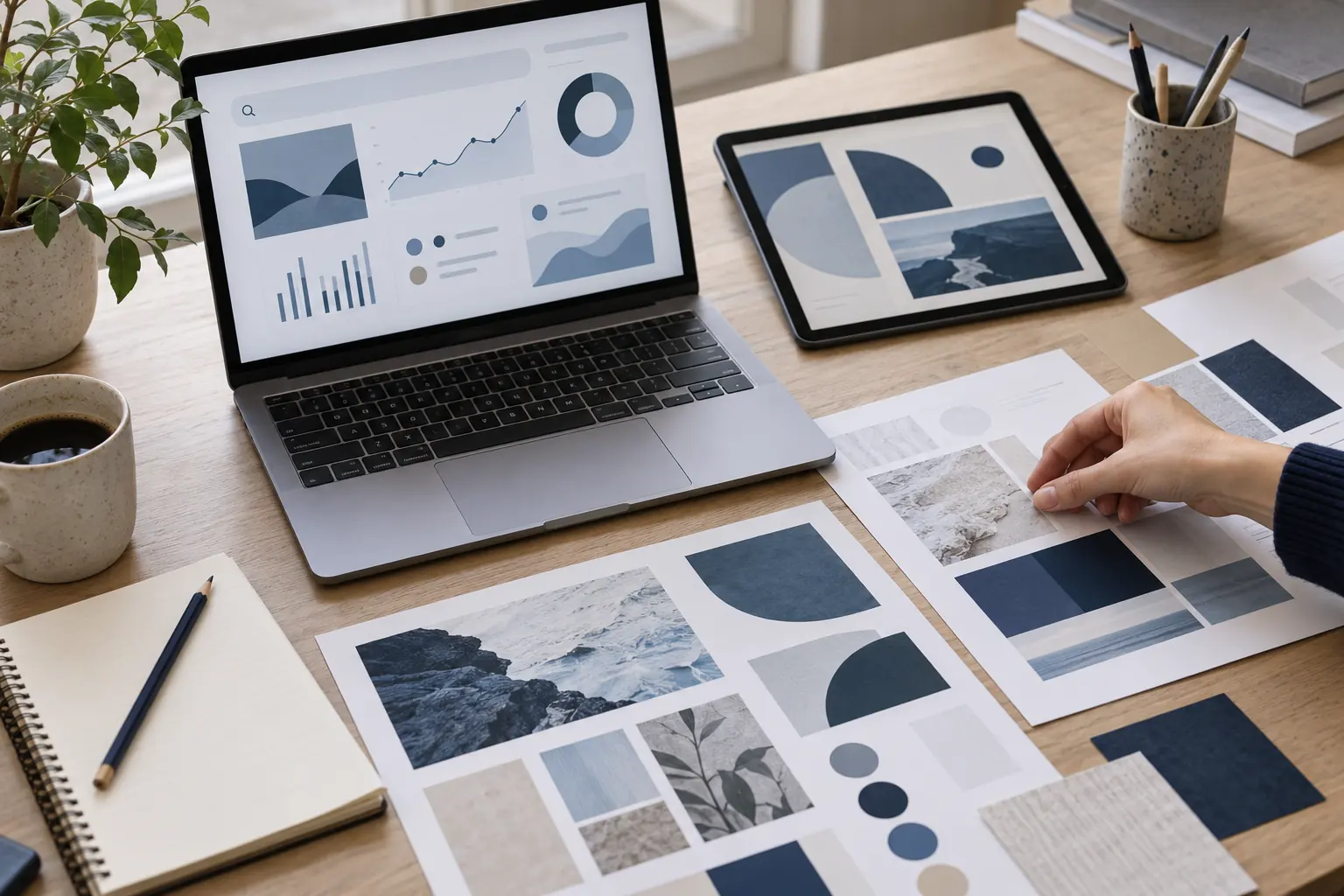 AI-generated editorial photograph of a hand arranging campaign samples beside a laptop with fictional search and analytics panels.