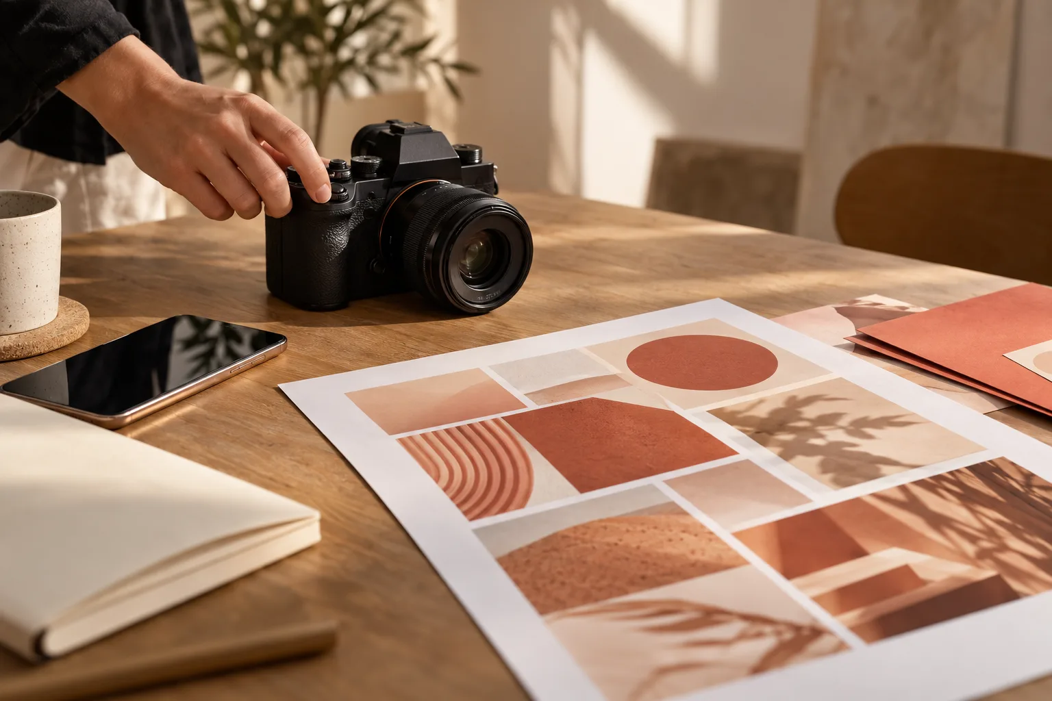 AI-generated editorial photograph of a camera and printed moodboard for a content shoot.