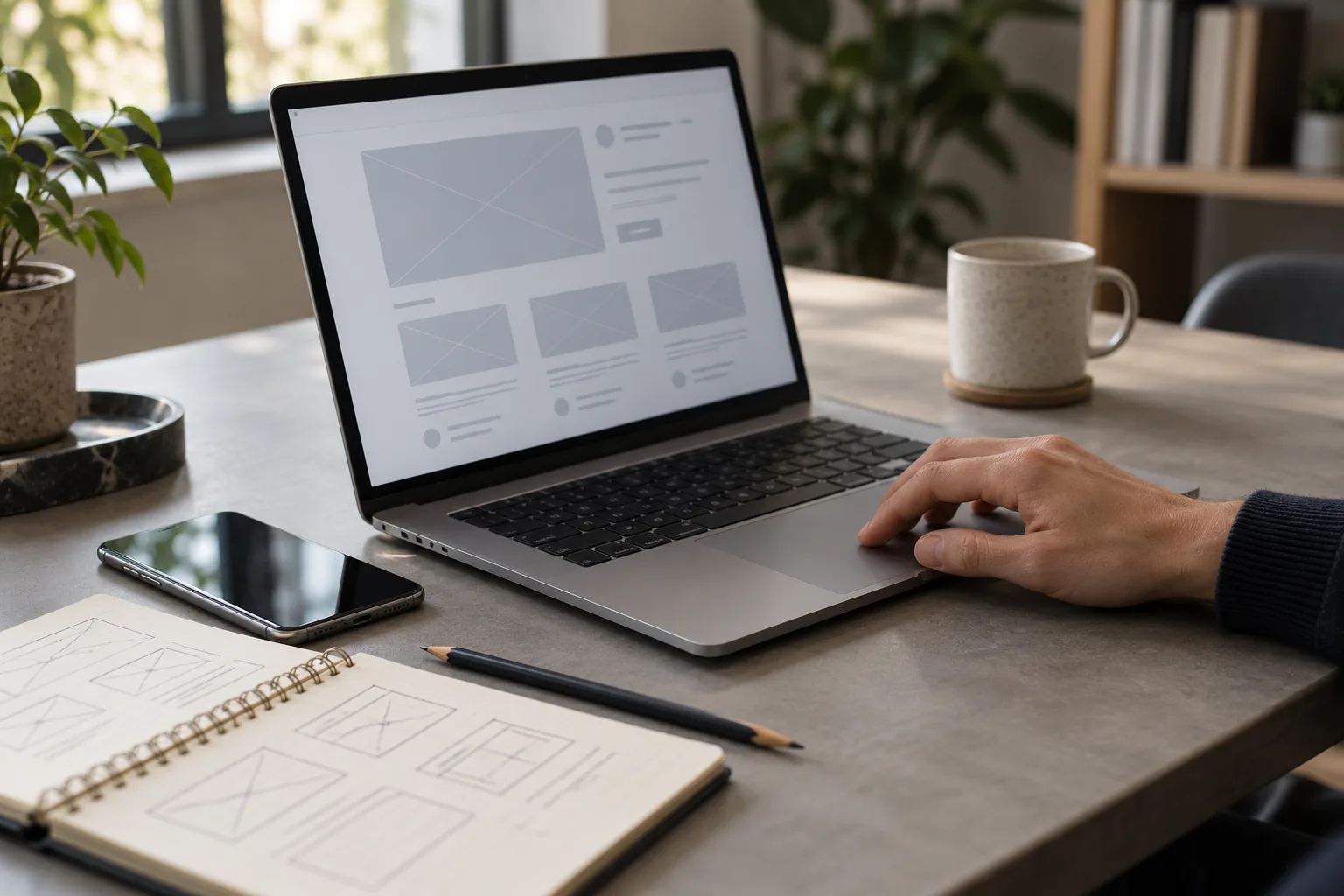 AI-generated editorial photograph of a laptop, paper wireframes and a hand on a trackpad.