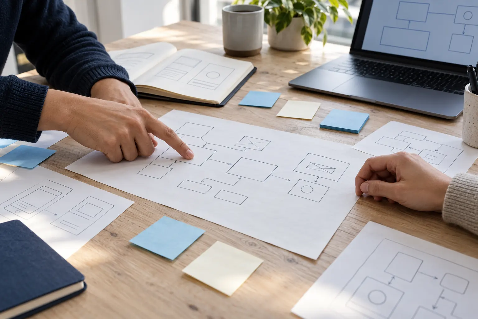 AI-generated editorial photograph of hands discussing paper user journeys beside a laptop and blank sticky notes.