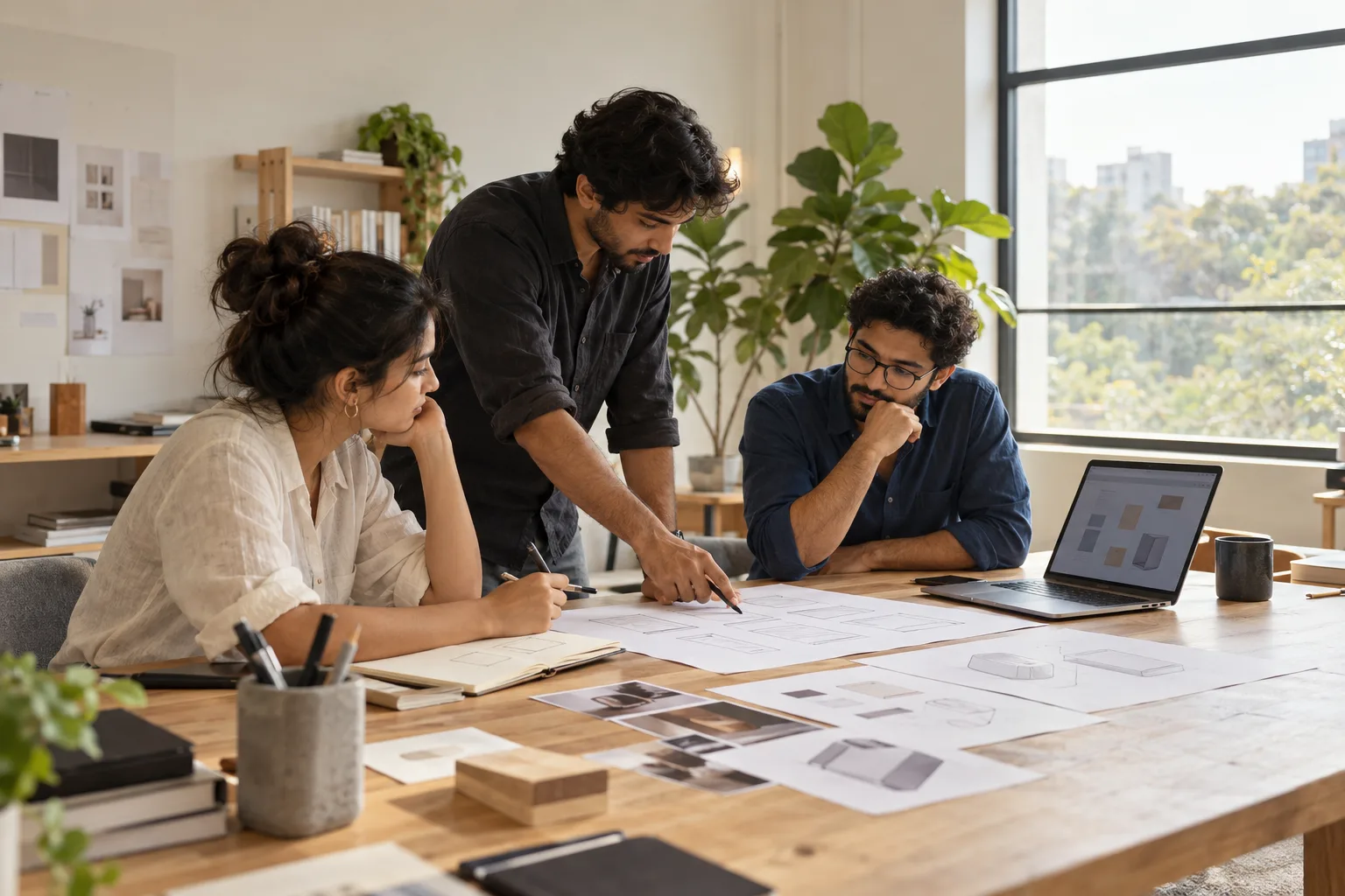 AI-generated editorial scene of fictional designers discussing a paper prototype in a bright studio.